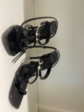 Gucci Black Patent Leather Strappy Heels with Silver Ring Accent